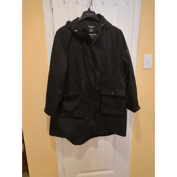 DKNY Womens Water Resistant Black Raincoat Hooded Parka Jacket, Size XXL - Image 5
