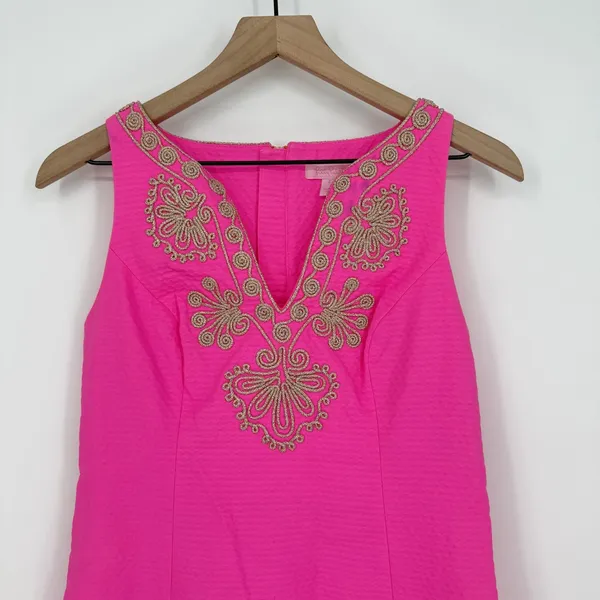 Lilly Pulitzer Gabby Shift Dress Pink Cotton Floral Split Neck Back Zip Womens 2 - Image 3