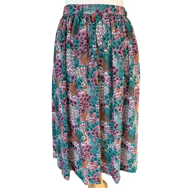 Campus‎ Casuals VTG 80s Midi Skirt M Pleated A-Line Peacock Feather Print Boho - Image 2