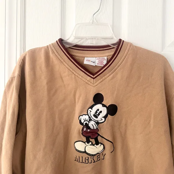 Disney Vintage 90s Beige Maroon High V Neck Sweatshirt Embroidered Mickey XL - Image 7