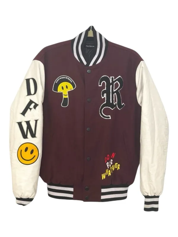 PacSun ࿊ DFW Varsity Patchwork Faux Leather Jacket ࿊ Burgundy ࿊ Men S ࿊ Women M - Image 3