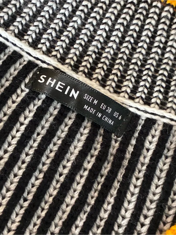 Women’s SHEIN Black & White Striped V-Neck Sweater with Yellow Trim Size Medium - Image 2