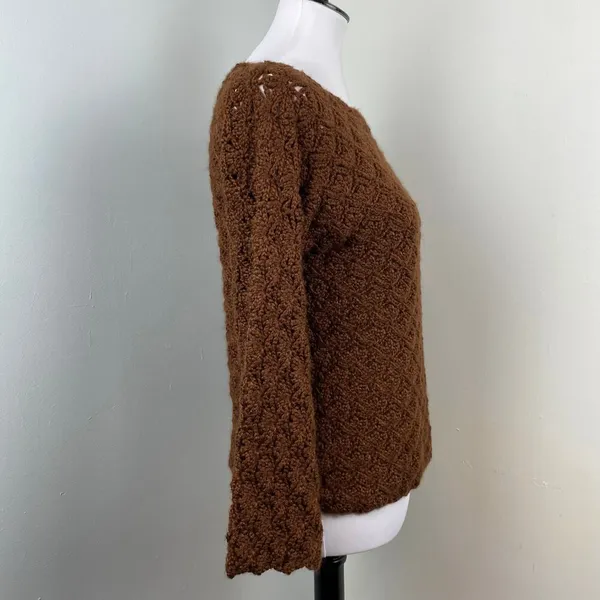 Handmade Chocolate Brown Boho Crochet Bell Sleeve Sweater - Image 3