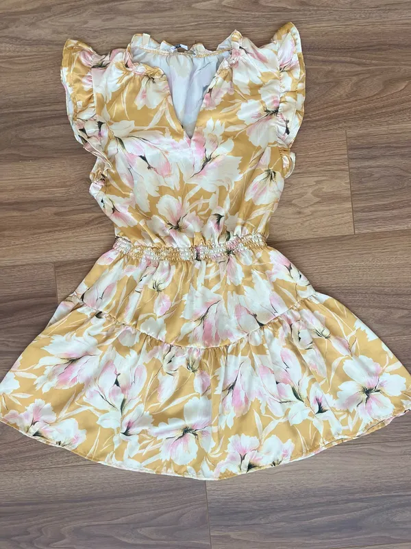 Steve Madden Floral Ruffle Mini Dress Size L Mustard Pink - Image 3