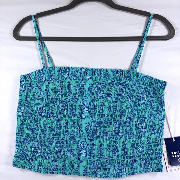 Roller Rabbit for Target Aqua Blue Floral Smocked Button‎ Front Tank Top Medium - Image 2