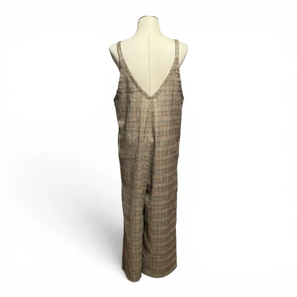 Hem & Thread Wide Leg Cropped Jumpsuit Plaid Brown Tan Beige Medium - Image 4
