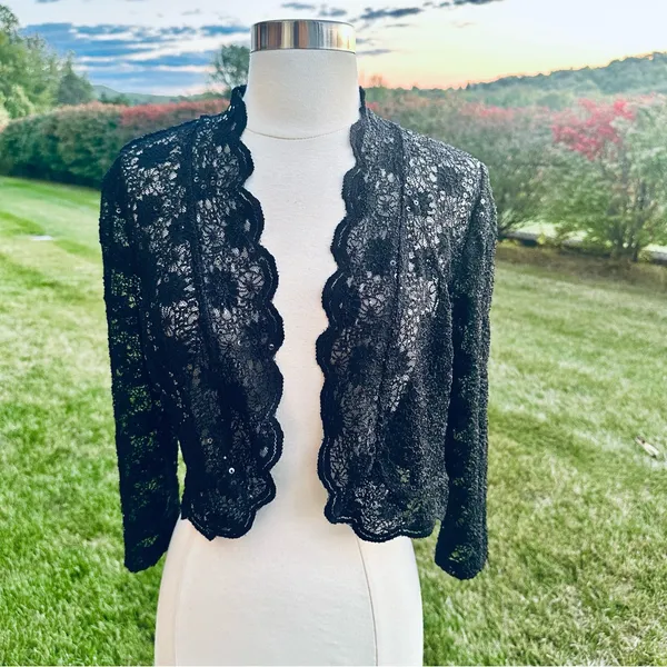R & M Richards Scalloped Sequin Lace Black Bolero - Image 2