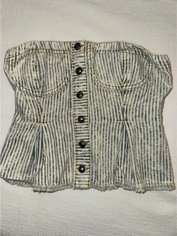 Anthropologie BUTTONDOWN STRIPE DENIM PEPLUM CORSET by PILCRO - Image 3