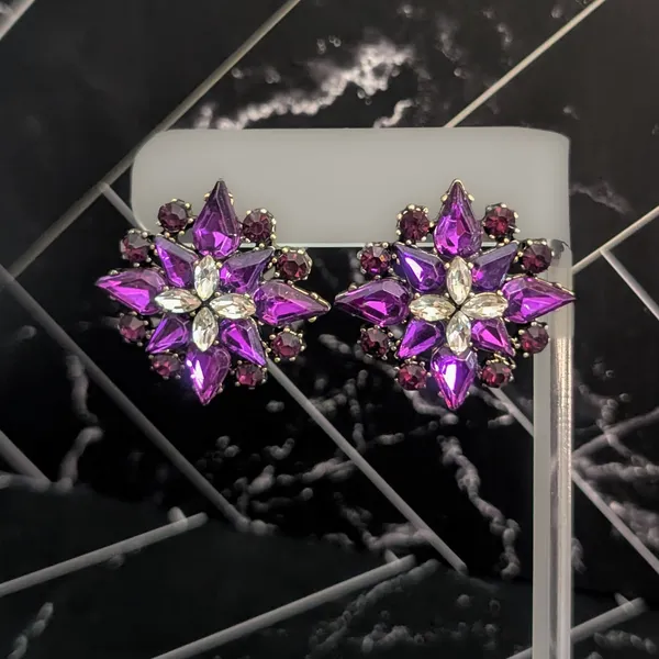 Vintage Stud Earrings 1.25" Purple & Clear Gems Regal Large Statement - Image 3