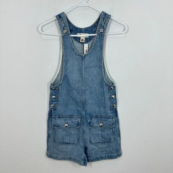 Madewell Scoopneck‎ Denim Shortalls Chambray Blue XXS Button Front Patch Pockets - Image 6