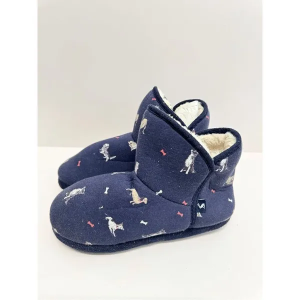 Joules Winter Cozy Slippers Size 6 US Blue Dog Print Faux Fur Pull On Style - Image 4