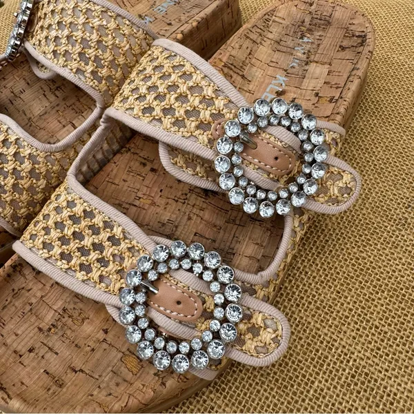 Anne Klein Hazel Tan Slide Sandals with Rhinestone Buckles 8.5 - Image 3