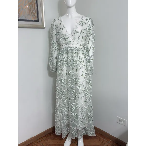 Ever After Floral Embroidered Maxi Dress Cottagecore Wedding Guest Long Sleeve S - Image 2