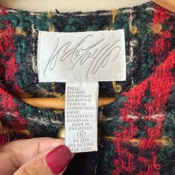 Lord & Taylor Wool Mohair Boucle Plaid Jacket 8 Red Green Gold Blazer Holiday‎ - Image 2