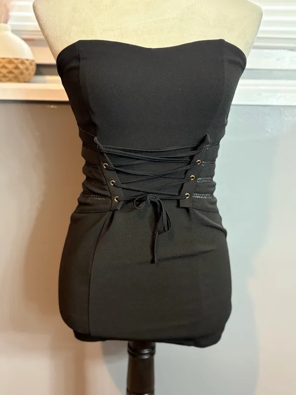 Black Strapless Corset Lace-Up Mini Dress Size S Bodycon Going Out Party - Image 3