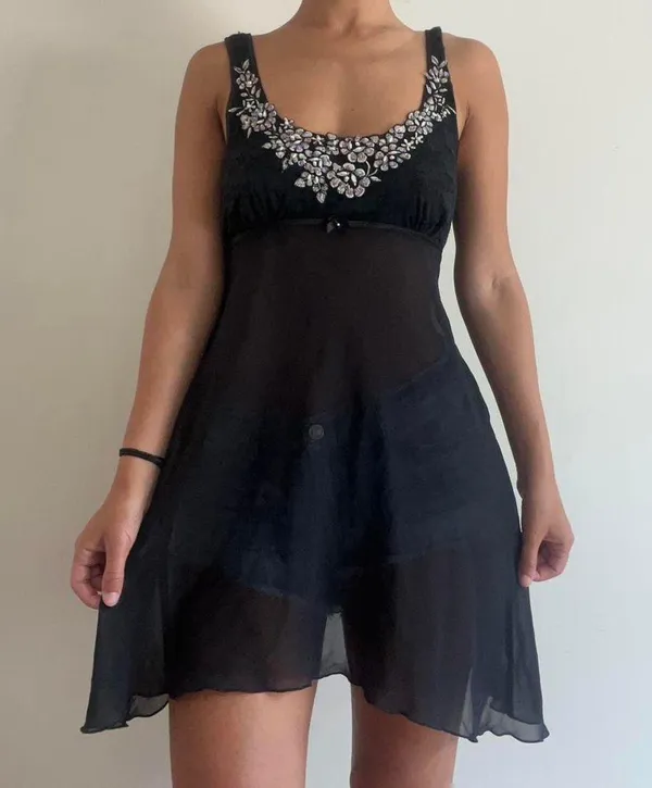 Linea Donatella Black Embellished Y2K Slip Dress Lingerie - Image 5