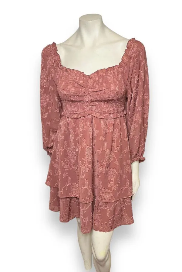 Pink Lily | Textured Floral Long Sleeve Cinched Bust Smocked Mini Tiered Dress L - Image 13