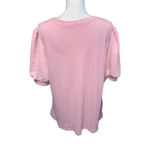 Women's Pink V-Neck Short Sleeve Puff Sleeve Shirt Dressy - Image 4