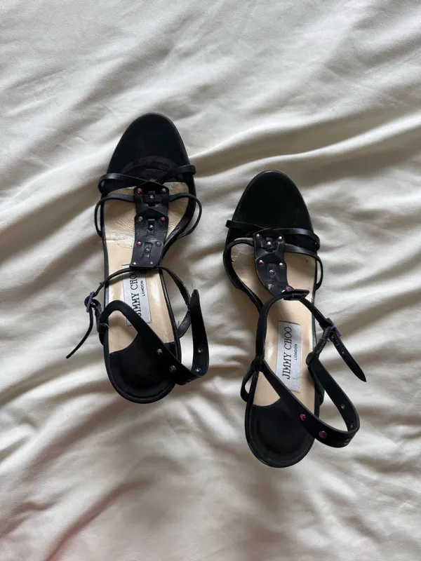 Jimmy Choo | Y2K Black Rhinestone Studded Sandals with pink/purple sandals - Image 2