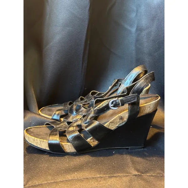 Aerosoles Black Strappy Wedge Sandals Cork Platform US 7.5 EU 5.5 - Image 3