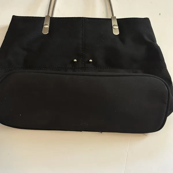 BLACK HANDBAG WITH SILVER METAL HANDLES NYLON MATERIAL 4 SILVER STUD DESIGN - Image 6