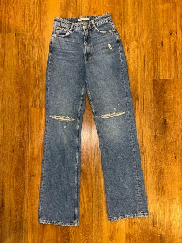 Zara Ripped Knee Straight Leg Long Jeans - Image 5