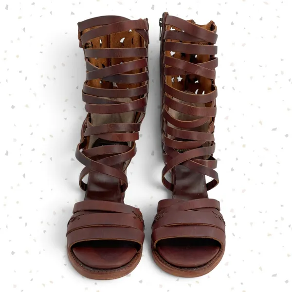 Freebird by Steven Makala Cognac Stars Moons Tall Leather Heeled Sandal Size 10 - Image 7