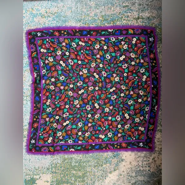 Vintage Caren Charles wool purple floral large square neck head scarf - Image 2