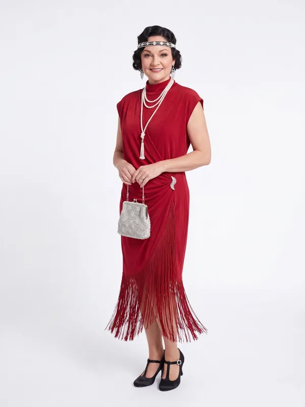 Vintage Fringe Asymmetric Midi Dress Mock Neck Wrap Gathered cocktail dress - Image 14