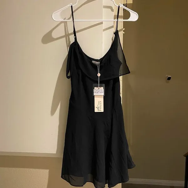 NWT Oh Polly Elegant Black mini Dress with off-shoulder design, size 6 - Image 3