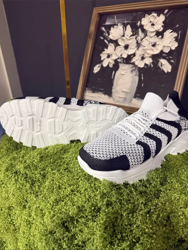 Knit Slip-On Athletic Sneakers in Black & White - Image 3