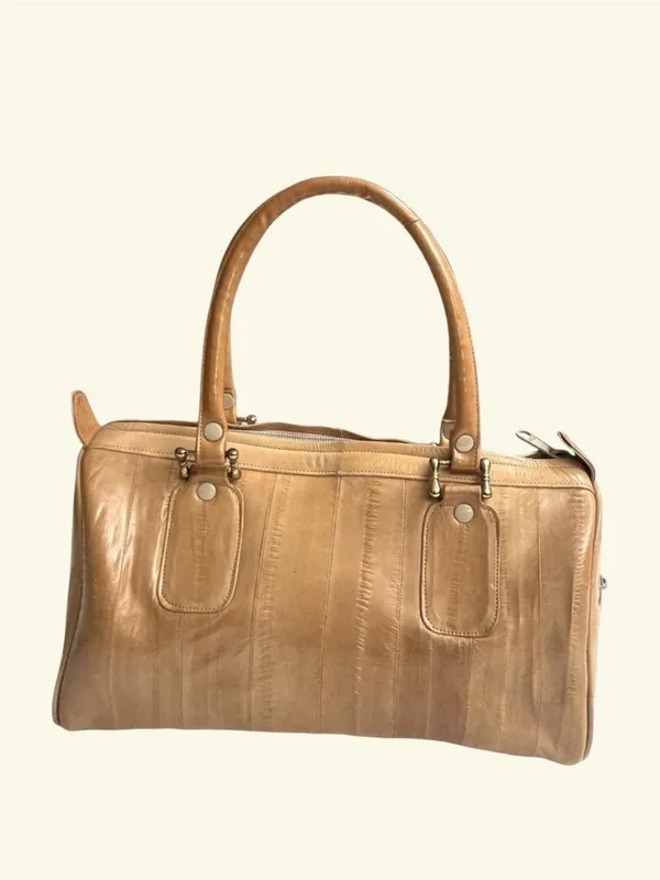 VTG Camel Eel Skin Leather Satchel Top Handle Tote Bag Neutral Minimalist - Image 3