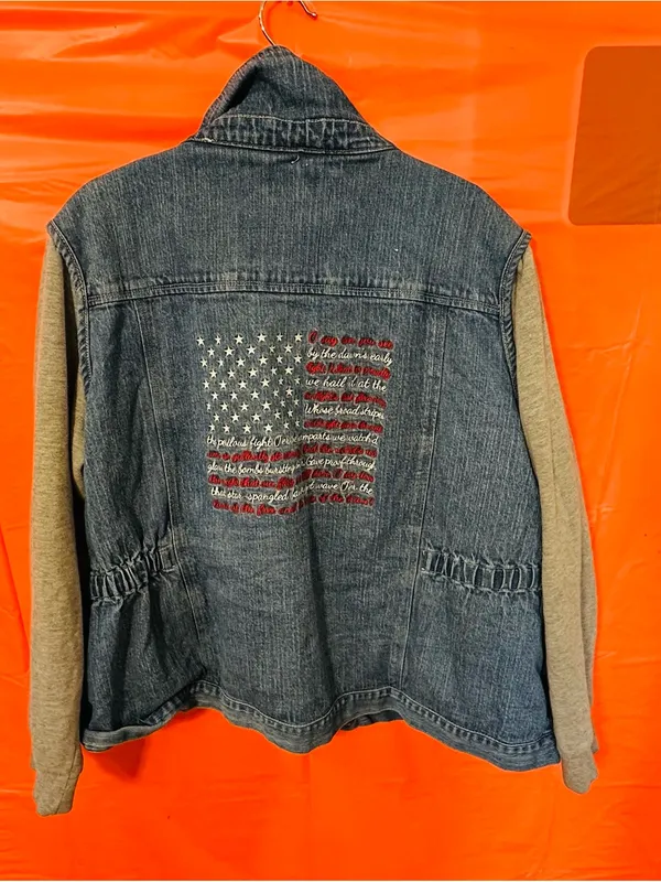 Denim Jacket with Grey Knit Sleeves and Flag Patch Blue Size XXL - Image 6