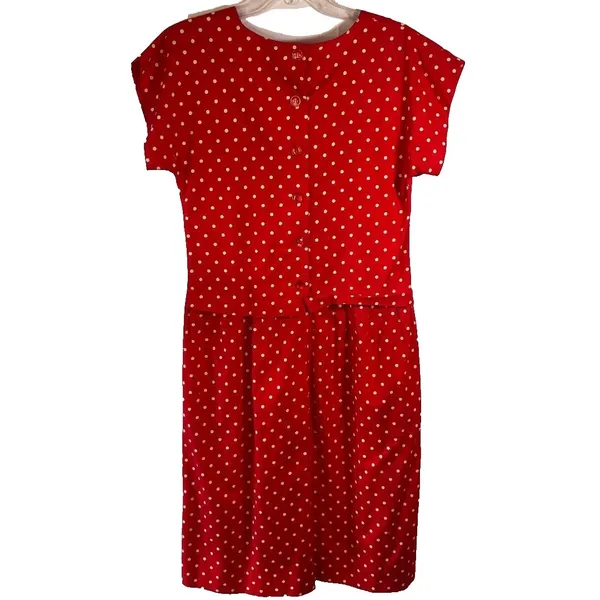 Vintage David Warren Short Dress Red w/White Polka Dots Size 12 Made‎ in USA - Image 2