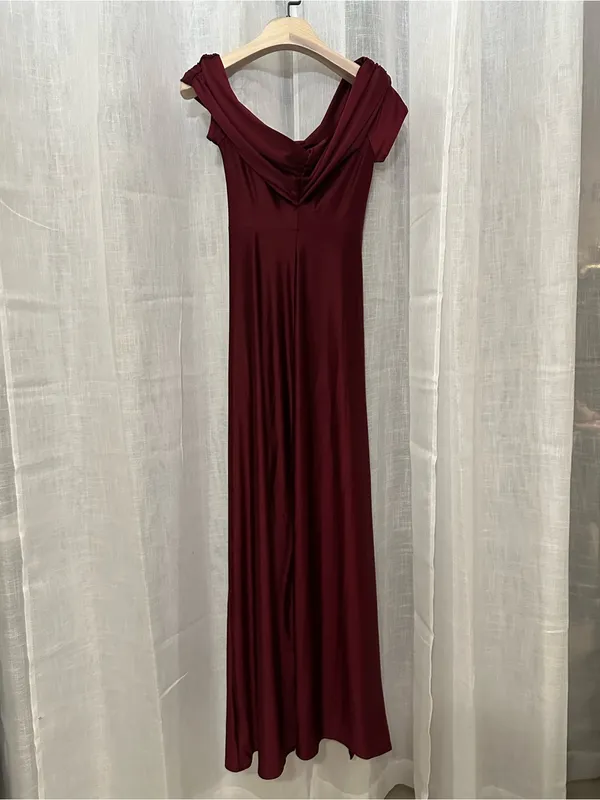 Off Shoulder Satin Maxi Dress Burgundy Pleated Ruched Front Slit Gown S - Image 8