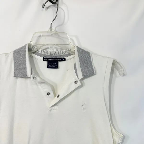 Ralph Lauren Golf Large Tank‎ Top VTG Y2K Polo White Silver Metallic Collar 995 - Image 3