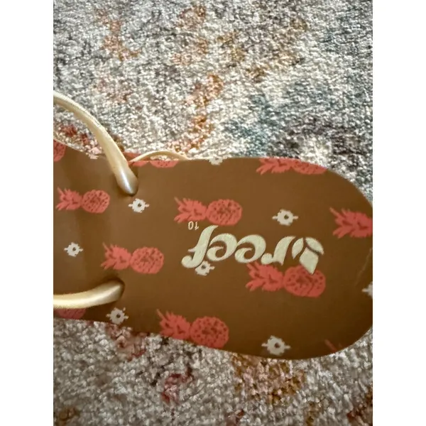 Reef Womens Size 10 Pineapple Print Flip‎ Flops Brown Pink Gold Metallic Straps - Image 5