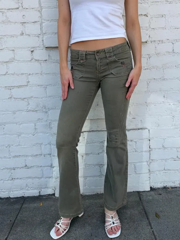 Y2K zoo York olive green low-rise flared utility pants featuring front patch pockets with button closures + stitching details - Image 3
