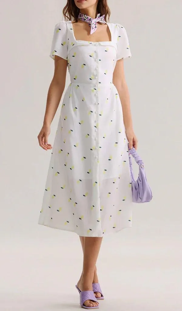 Rihoas White Lemon Fruit Square Neck Midi Dress - Image 2