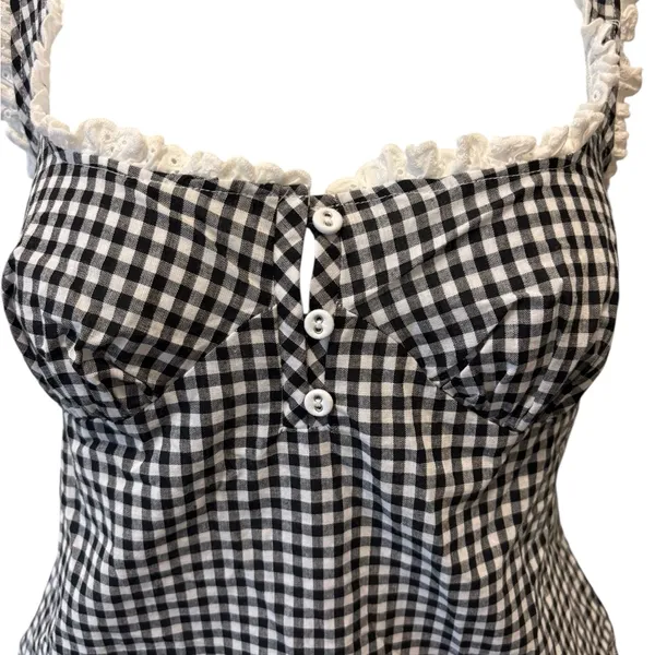 Intimately Free People Cassie Gingham Ruffle Bodysuit L Black White Milkmaid - Image 7