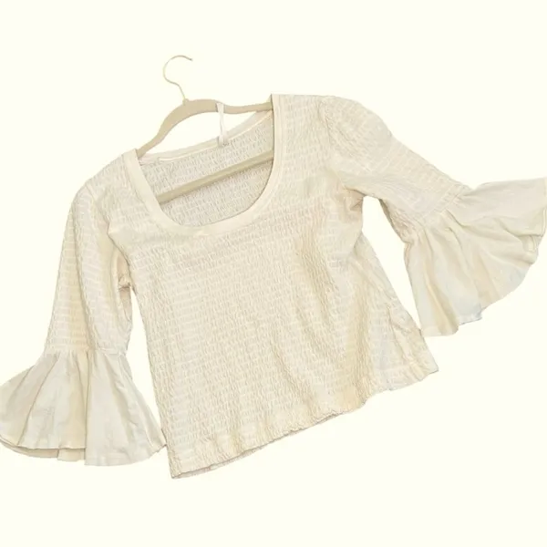 Anthropologie Cream Scoop Neck Smocked Bell Sleeve Blouse XS - Image 2