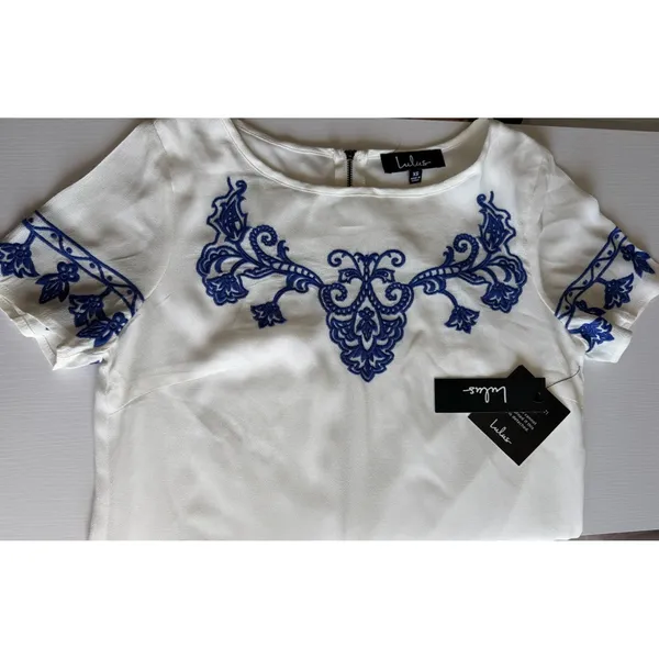 Lulus Tale to Tell Blue Ivory Embroidered Shift Dress XS NWT Read - Image 8