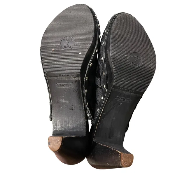 Y2K Coach Black Monogram Jacquard Studded Heeled Mules Wooden Clogs 7 - Image 6