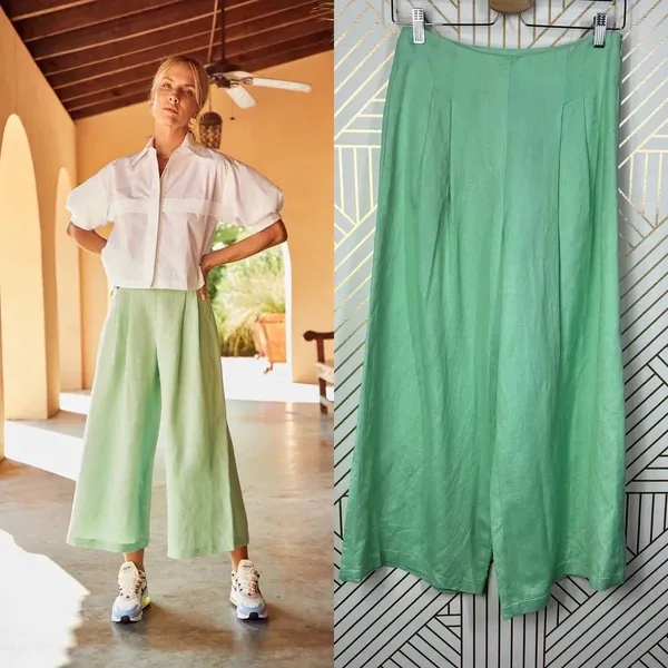 Hunter Bell Chase Culotte Wide Leg Pants in Mint Green Linen Size US 0‎ - Image 2