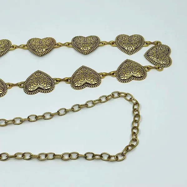 Vintage Y2K Boho Gold Textured Heart Chain Belt, Fits 22.5–40 Inches, X7GA1173 - Image 8