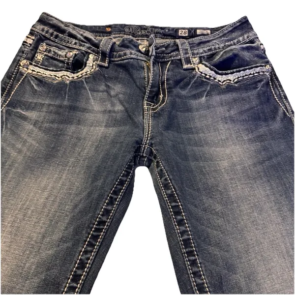Miss Me Sz 28 STYLE XP 7035B RELAXED Boot Jeans Embellish Dark Blue Distress - Image 3