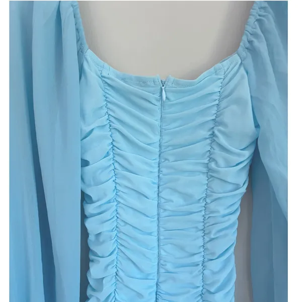 Hello Molly‎ Light Blue Ruched Mini Dress Square Neck Bishop Sleeve Size US 2 XS - Image 6