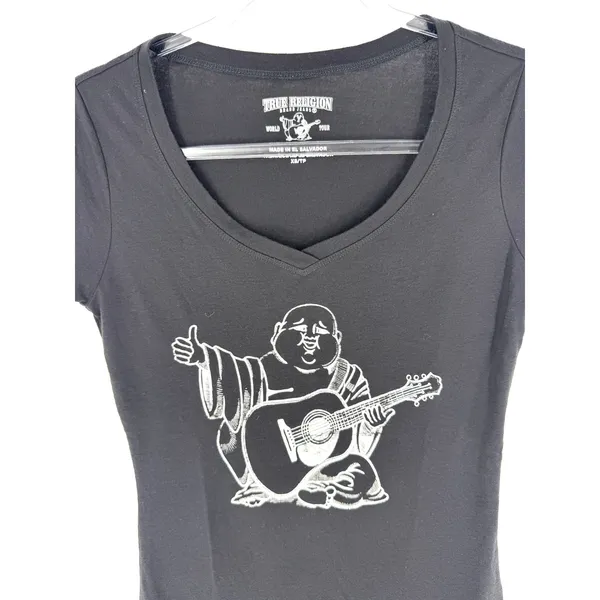 True Religion Womens Black Buddha Guitar‎ Graphic V-Neck T-Shirt XS World Tour - Image 2