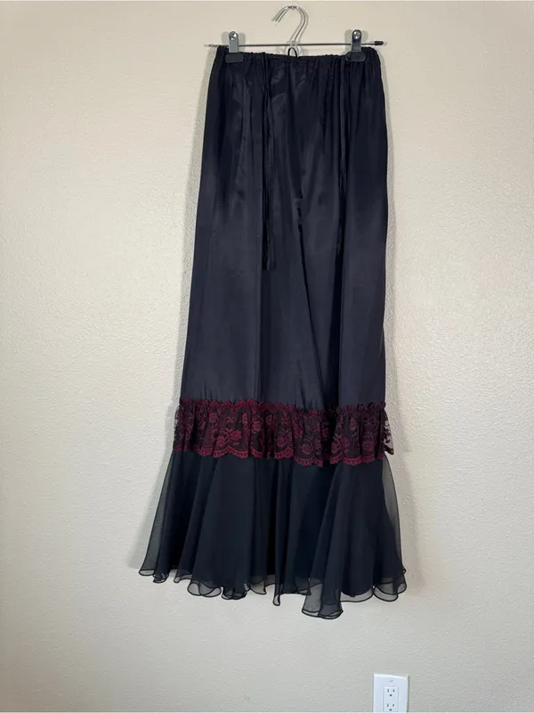 Vintage 90s Black Burgundy Lace Tiered Maxi Dress Womens S Whimsigoth Witchy - Image 8