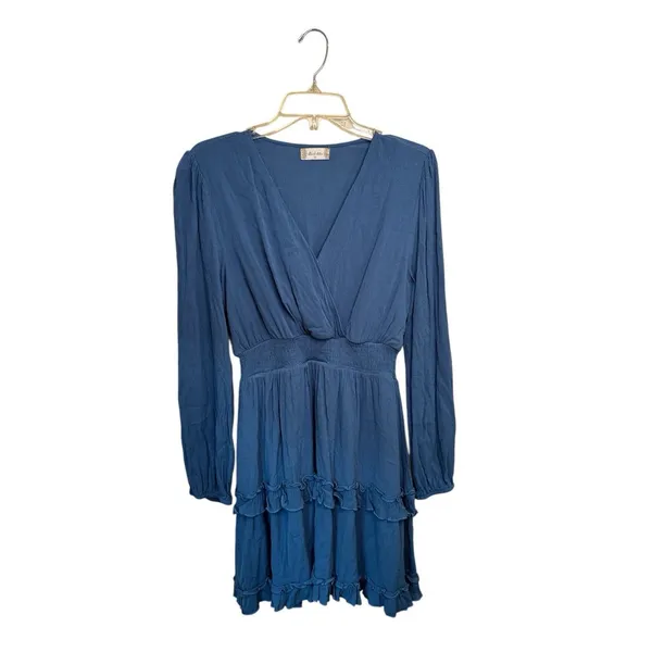 Altar’d State Blue‎ Mini Dress Medium Smocked Waist V-Neck Ruffle Tiered Boho - Image 2
